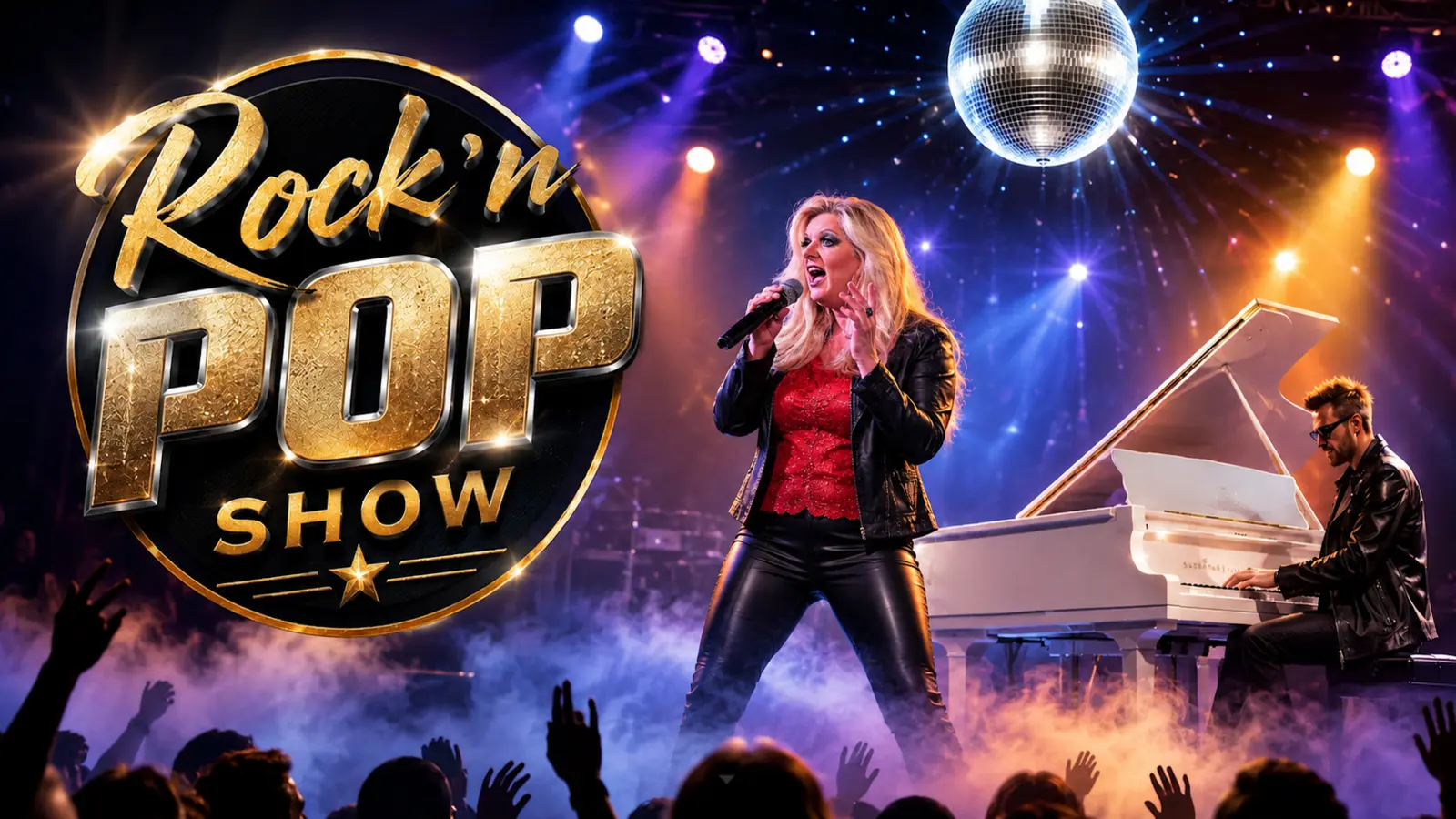 The Rock’n Pop Show mit Sängerin und Pianist am weißen Flügel vor einem begeisterten Konzertpublikum